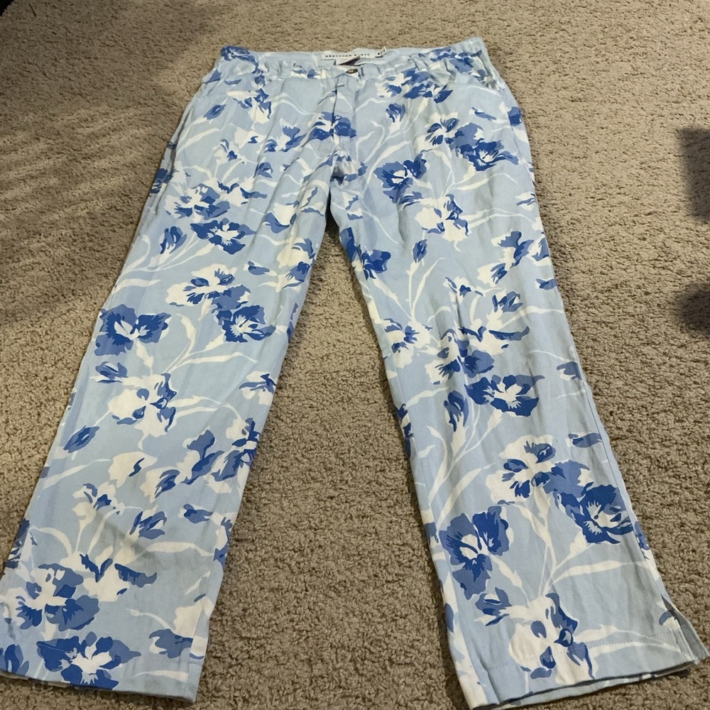 Gretchen Scott Blue Floral Pants Straight Leg southern Chic Spring Summer Size M